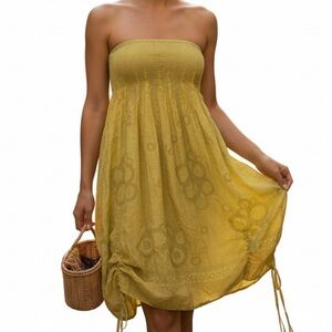 Lapis Anthropologie Yellow Green Ethereal Smocked Boho Dress Skirt Ruched OS